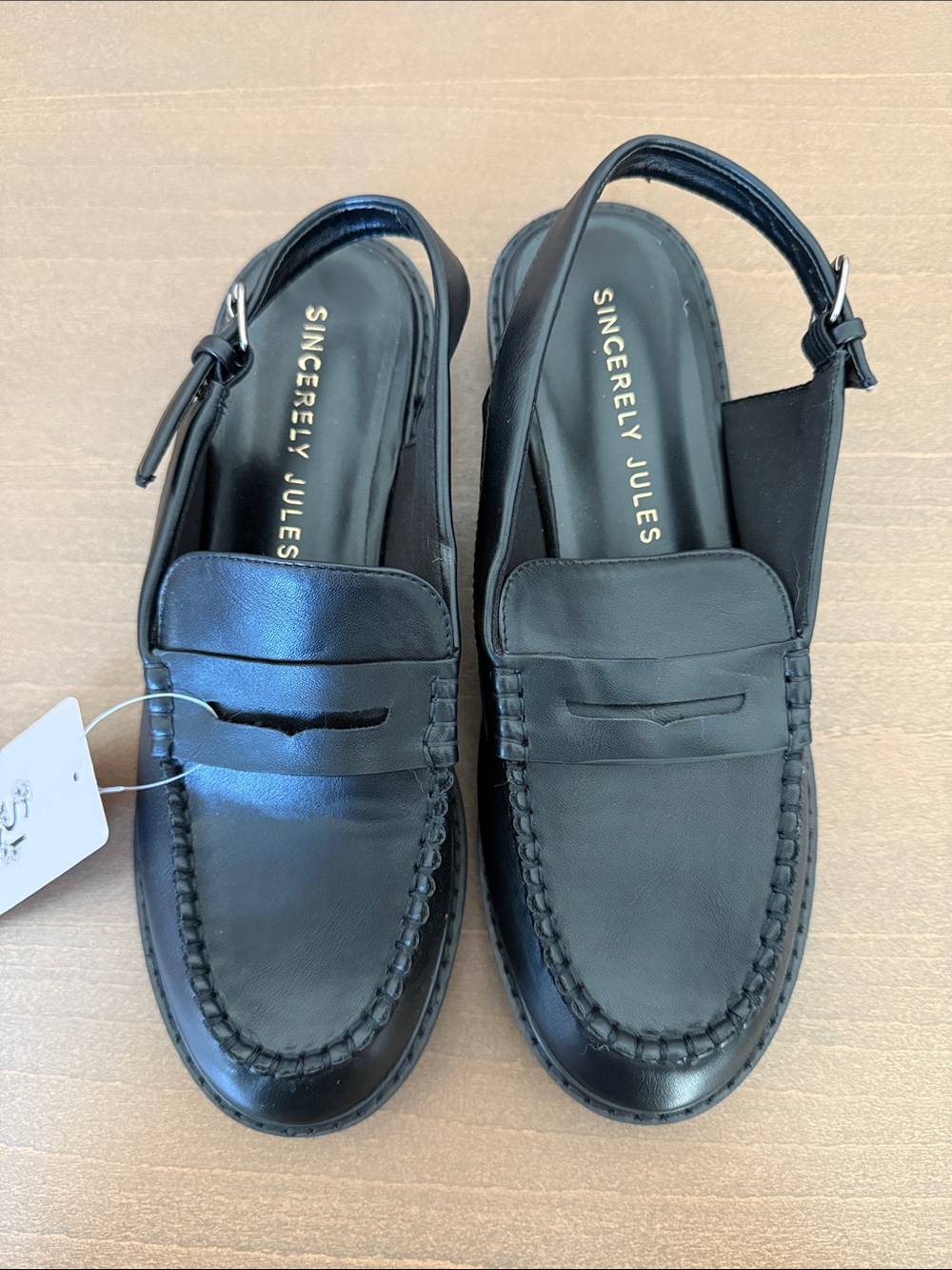 NWT Sincerely Jules Black Leather Slingback Penny Loafers